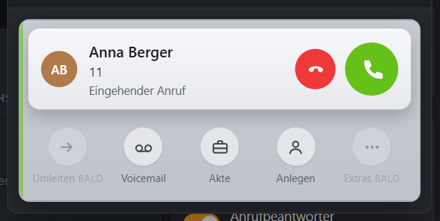 Die Gesprächskarte bei einem eingehenden Anruf mit Annehmen und Ablehnen.