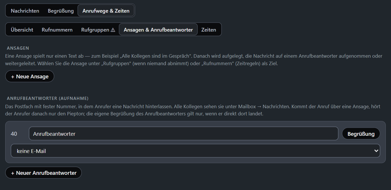 Ansagen und Firmen-Anrufbeantworter mit E-Mail-Einstellung.