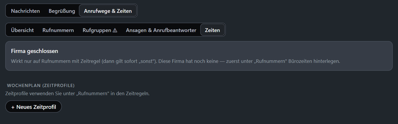 Firma geschlossen und der Wochenplan mit Zeitprofilen.