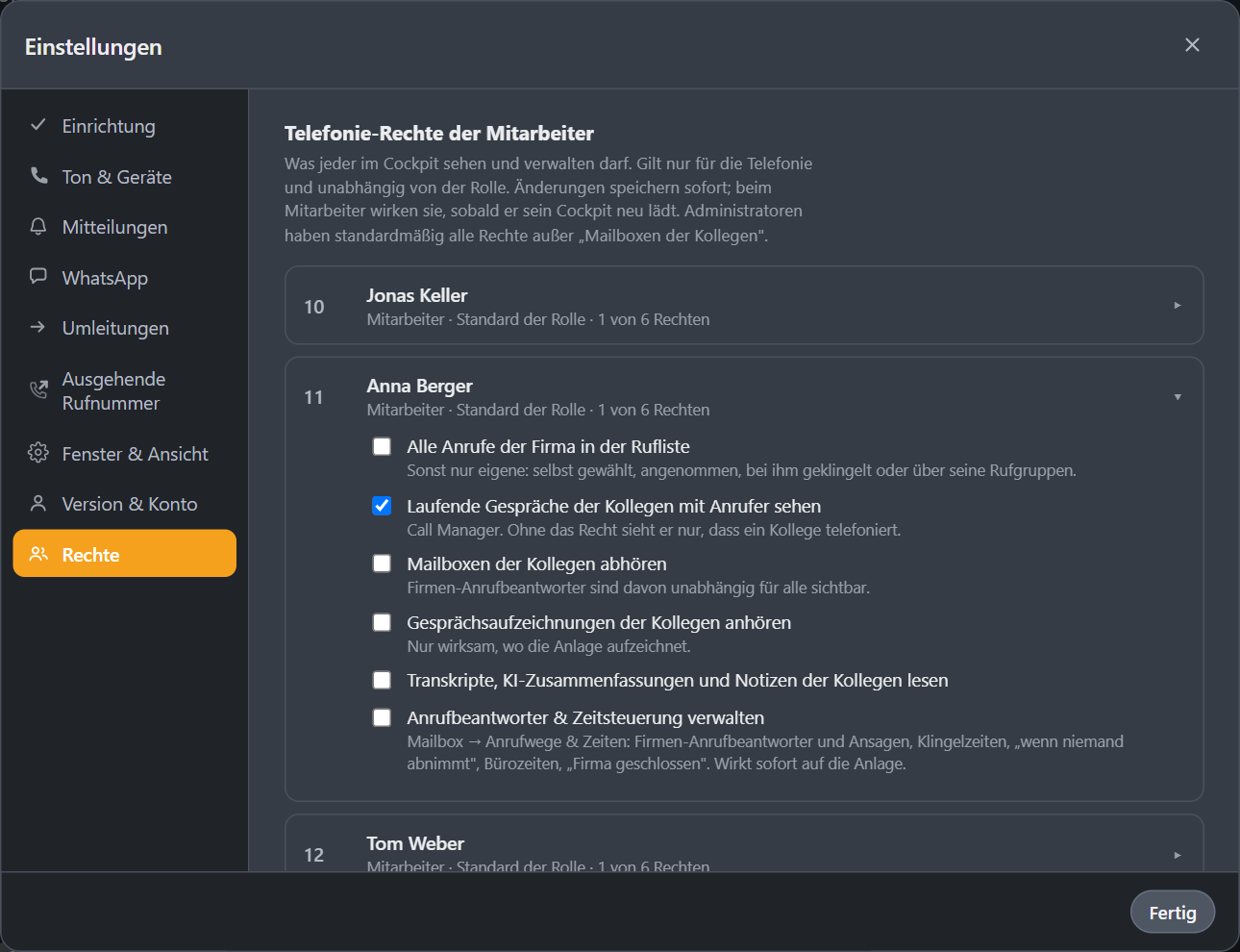 Die Rubrik Rechte mit den Telefonie-Rechten der Mitarbeiter.
