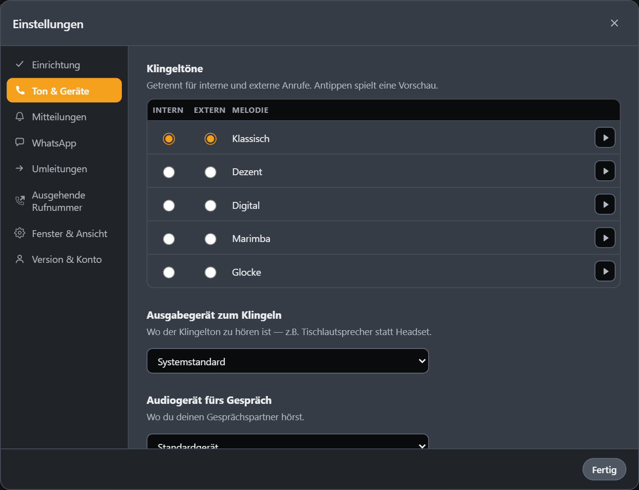 Die Rubrik Ton & Geräte mit Klingeltönen und Geräteauswahl.