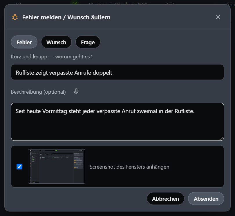 Der Dialog Fehler melden / Wunsch äußern.