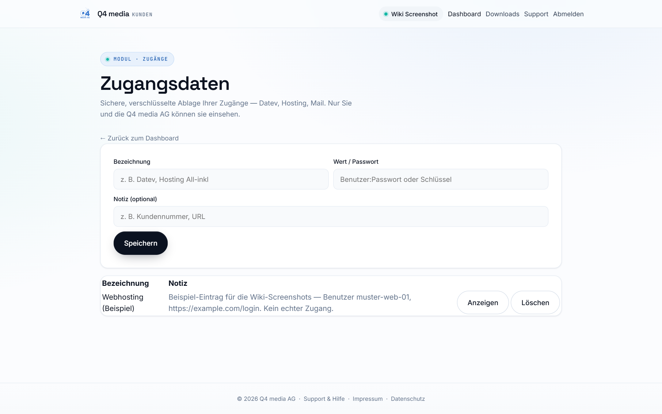 Das Modul Zugangsdaten mit einem gespeicherten Eintrag.