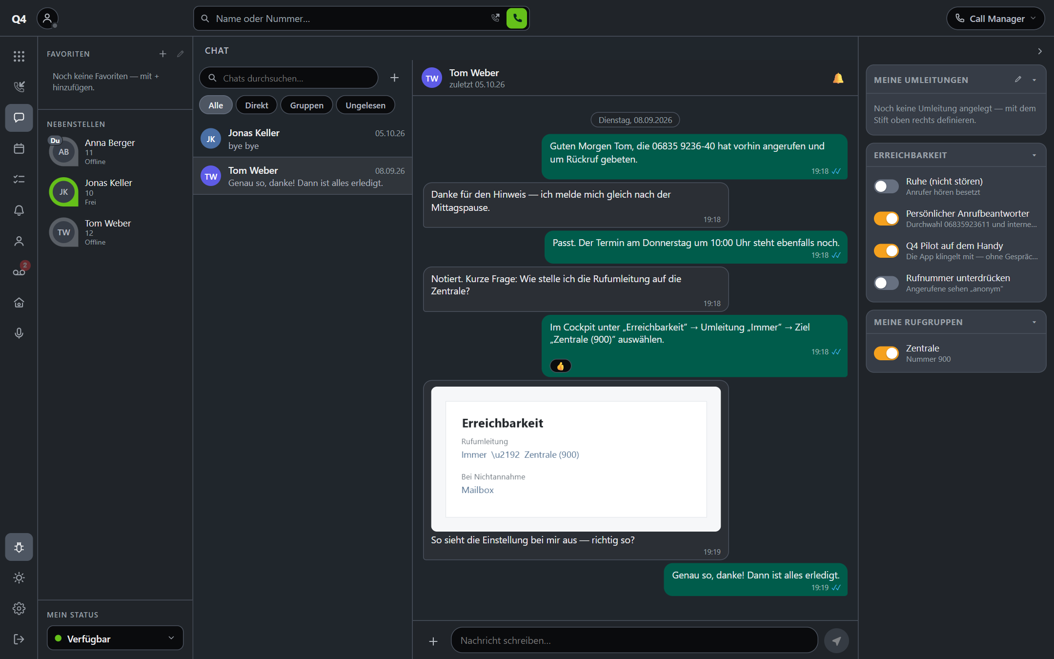 Eine Chat-Unterhaltung mit Anhang, Reaktion und Lesehaken.