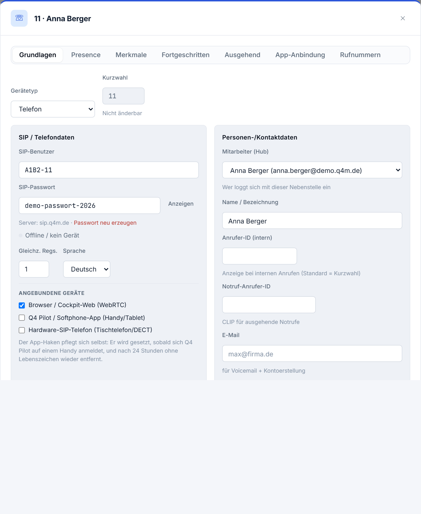 SIP-Benutzer, SIP-Passwort und Server im Reiter Grundlagen einer Nebenstelle, darunter die Haken für angebundene Geräte.