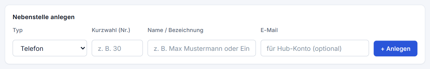 Die Zeile „Nebenstelle anlegen“ mit Typ, Kurzwahl, Name und E-Mail