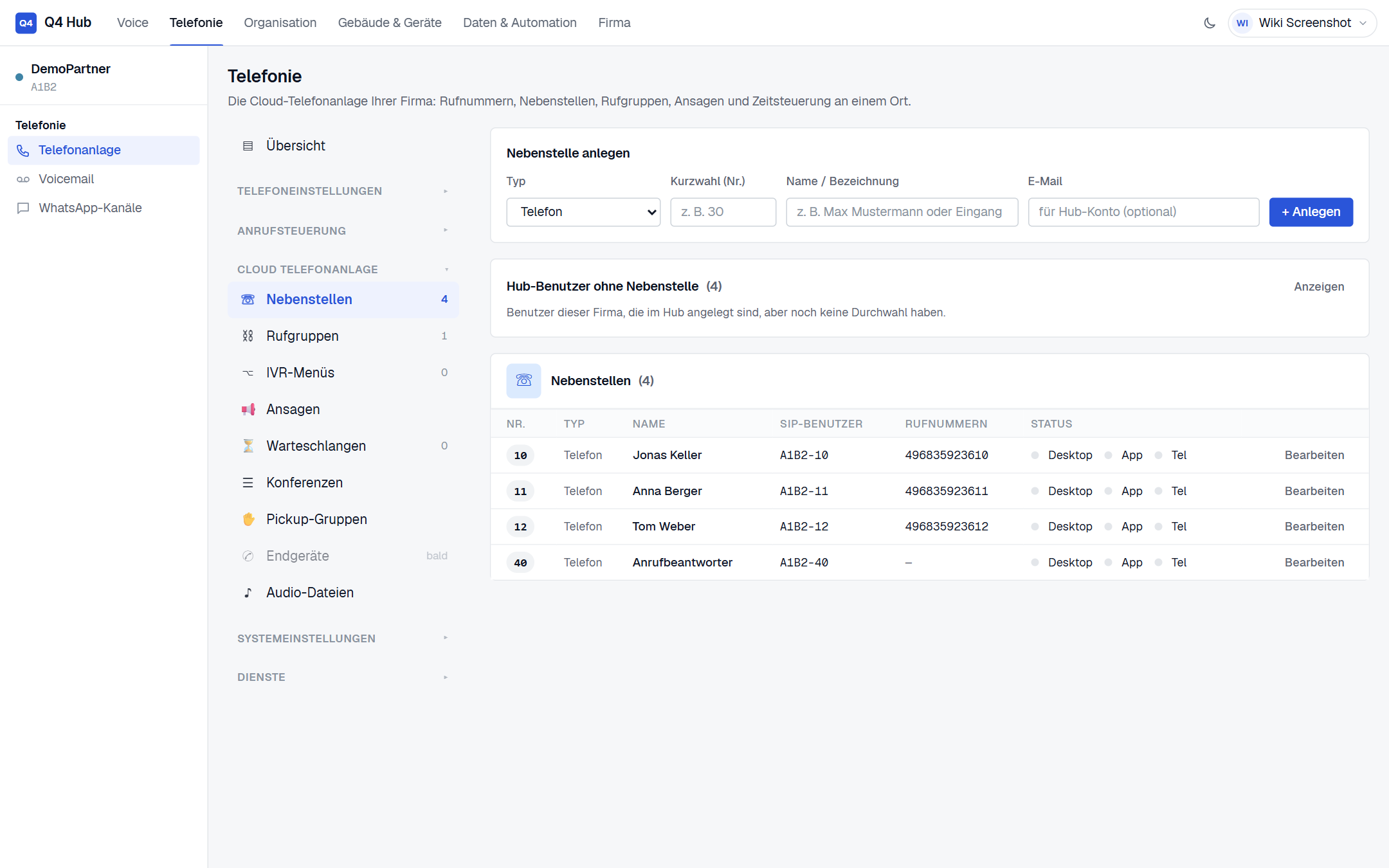 Die Liste der Nebenstellen mit Status-Lampen für Desktop, App und Tischtelefon