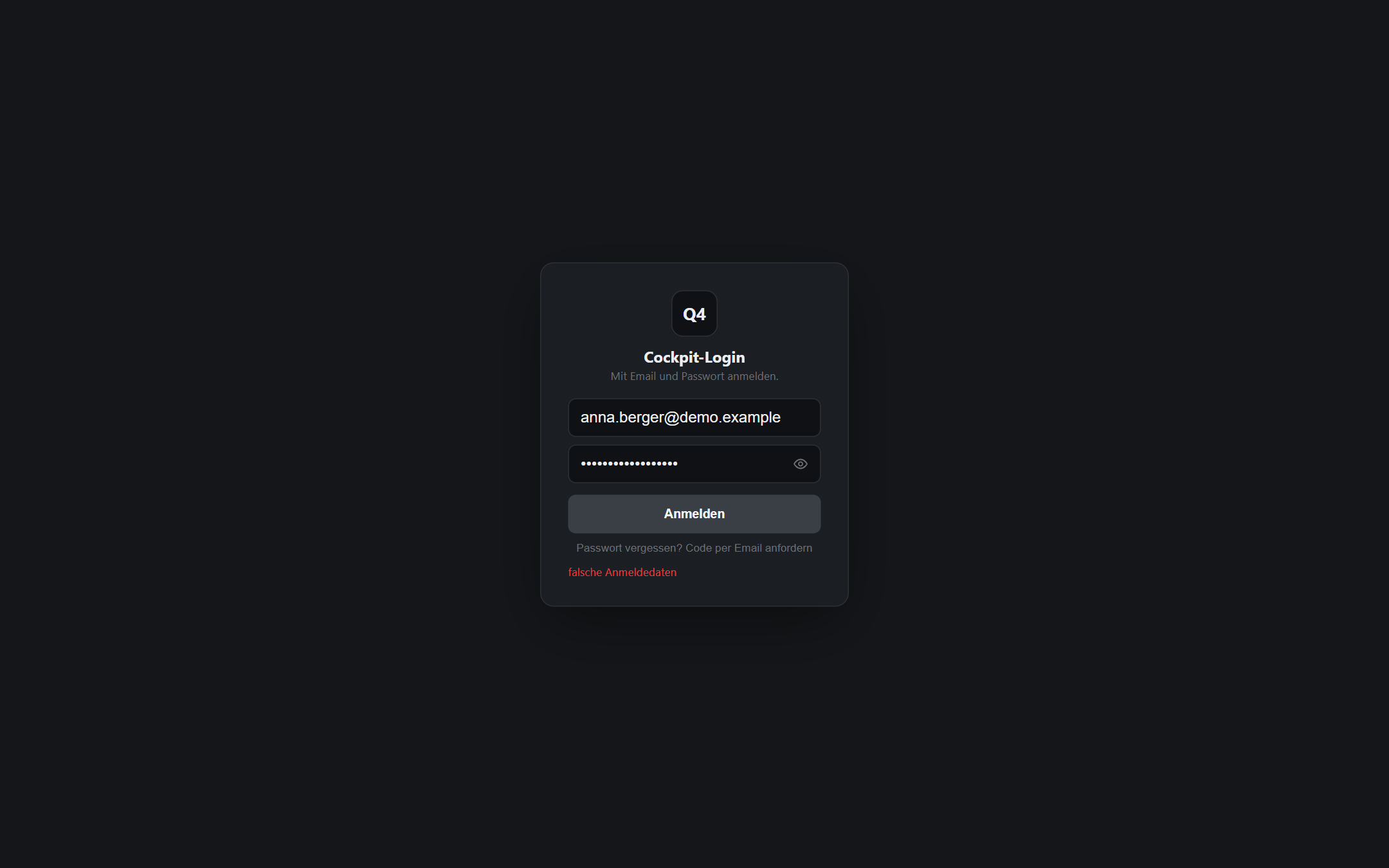 Der Cockpit-Login mit einer Anmeldefehlermeldung.